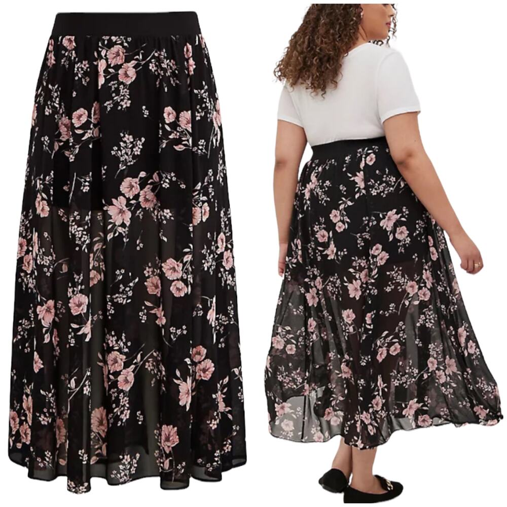 Torrid NWT Maxi Skirt with Undershorts Chiffon Floral Black Pink Size 1X